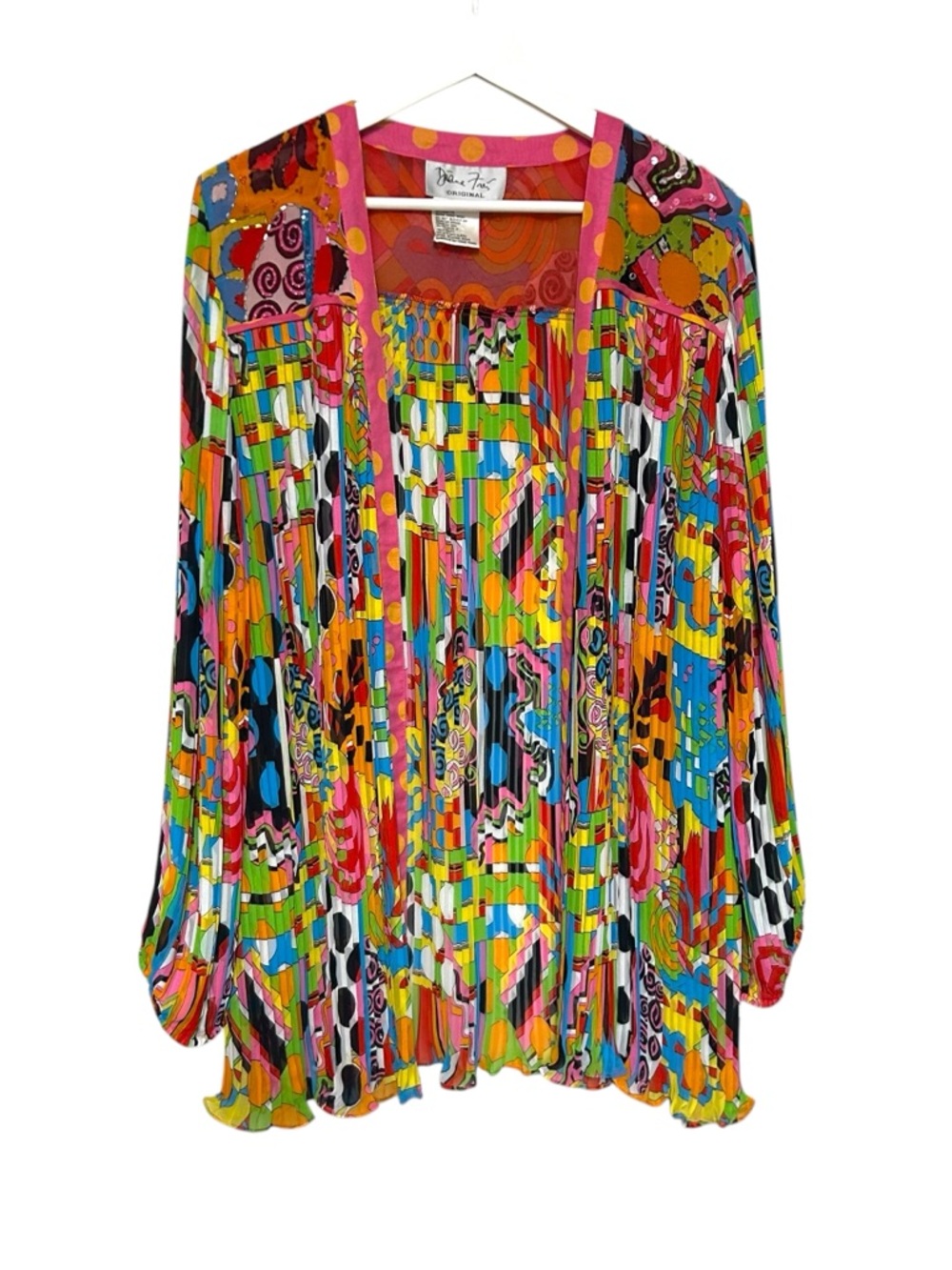 Diane Freis 80s vintage 1X pleated open blouse cardigan beaded maximalist print